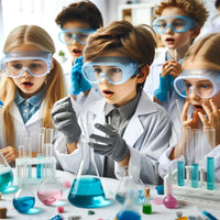 12-jährige -Kinder, die- an- einem- lustigen- und- lehrreichen -Wissenschaftsexperiment -teilnehmen, tragen -Laborkittel- und- Schutzbrillen- und- zeigen -Neugier- und -Begeisterung- bei- einer- wissenschaftlich- orientierten -Geburtstagsfeier.