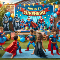 Eine- Superhelden-Themenparty -mit Kindern- in -Superheldenkostümen