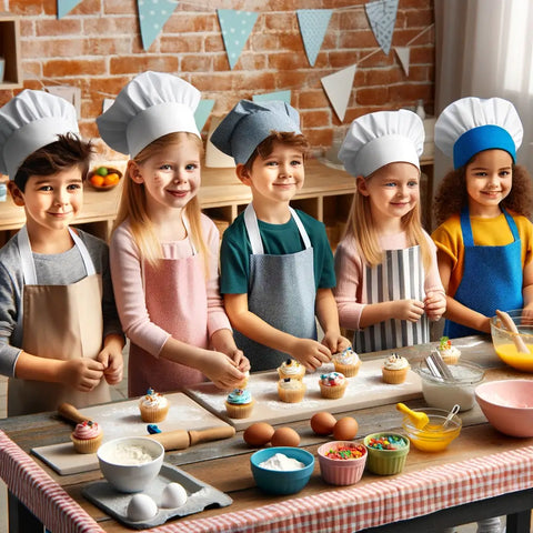 Kinder-die -an- einem -Koch-Workshop- teilnehmen- und -bunte- Cupcakes -zubereiten.