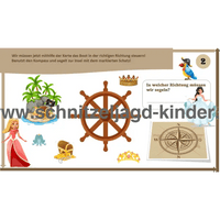 Die Schatzinsel der Piraten und Prinzessinnen SCHNITZELJAGD - SCHATZSUCHE KINDERGEBURTSTAG-6-9 JAHREN - SCHNITZELJAGD AUFGABEN ZUM AUSDRUCKEN PDF - schnitzeljagd-kinder