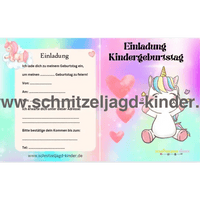 Einhorn Einladungskarte Für Kindergeburtstag Vorlage zum ausdrucken - schnitzeljagd-kinder