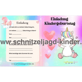 Einhorn Einladungskarte Für Kindergeburtstag Vorlage zum ausdrucken - schnitzeljagd-kinder