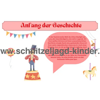 Zirkus-Schnitzeljagd für Kinder (6 Jahre)- SCHNITZELJAGD AUFGABEN ZUM AUSDRUCKEN PDF - schnitzeljagd-kinder