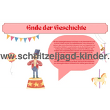 Zirkus-Schnitzeljagd für Kinder (6 Jahre)- SCHNITZELJAGD AUFGABEN ZUM AUSDRUCKEN PDF - schnitzeljagd-kinder